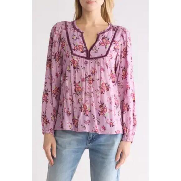 Lucky Brand Size S Pink Boho Floral Blouse Top Relaxed Babydoll Comfy Boho Chic - Picture 1 of 7